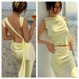 The Bar Butter Yellow 100% Silk Satin Asher Top Open Back size S